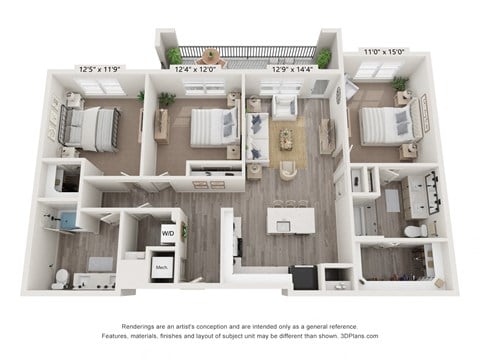 Floor plan for 3 beds, 2 baths, 1400 sqft